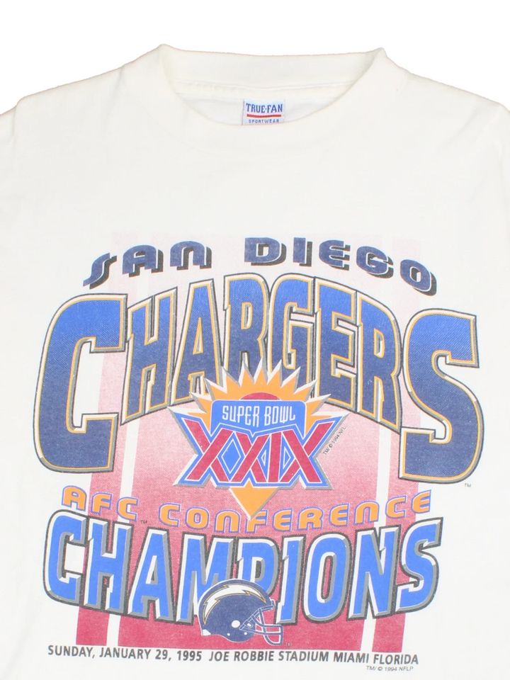 Vintage 1994 San Diego Chargers Champions T-Shirt in a white colourway with large graphic on the front.