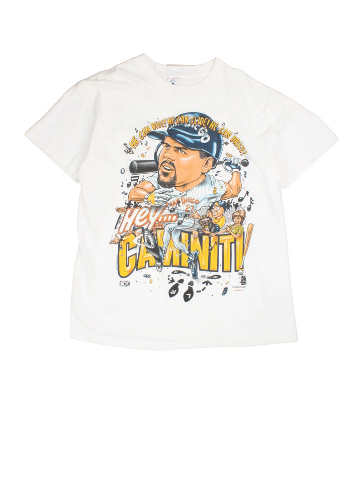 Vintage 1996 MLB Ken Caminiti T-Shirt in a white colourway with large cartoon graphic on the front.