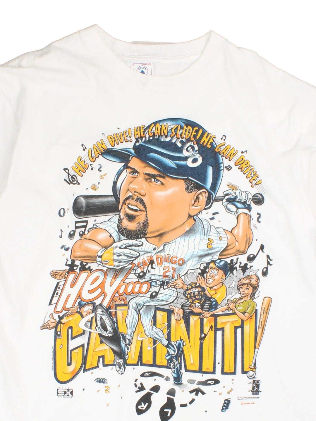 Vintage 1996 MLB Ken Caminiti T-Shirt in a white colourway with large cartoon graphic on the front.