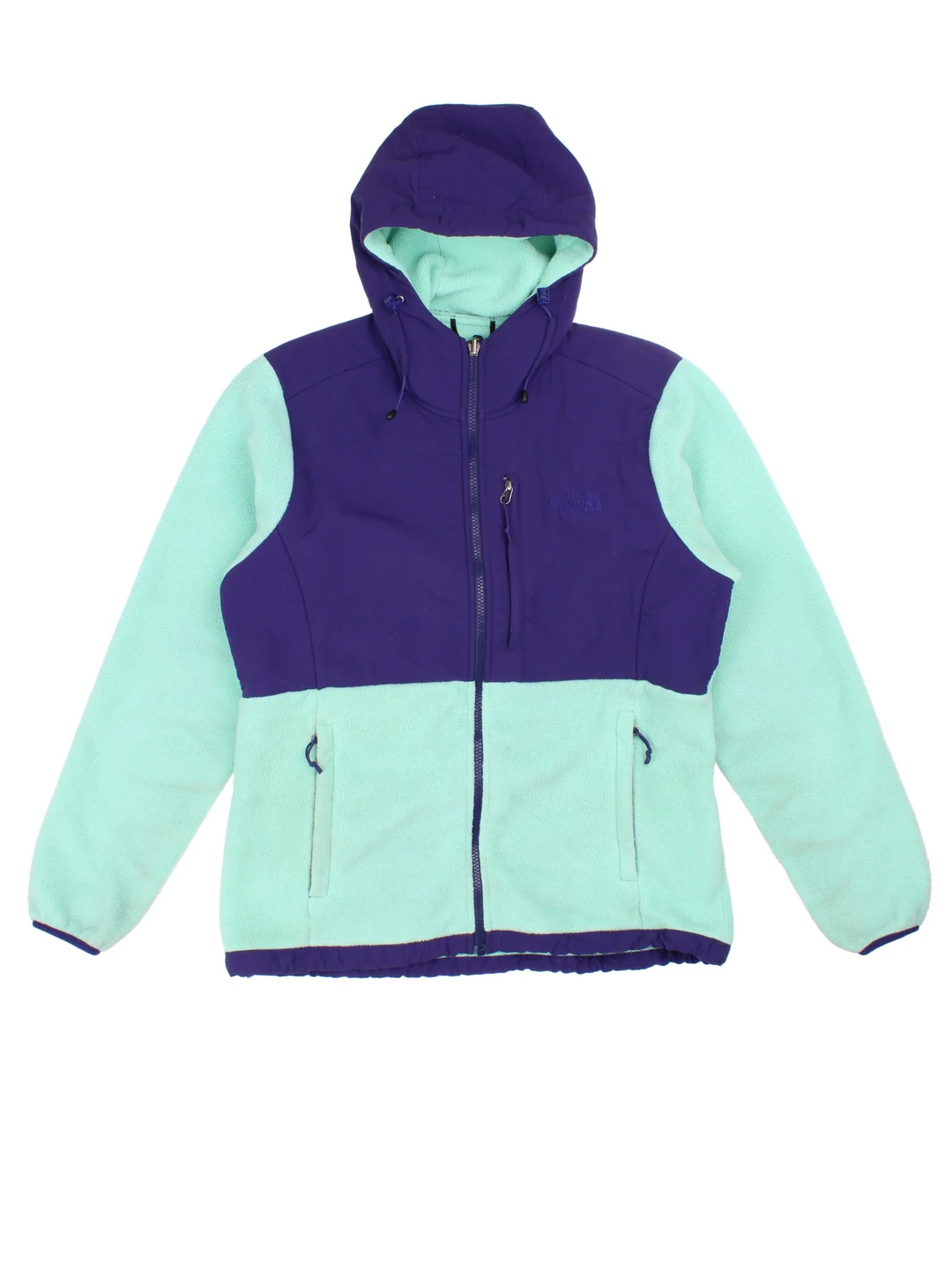 The North Face Denali Fleece in a blue colourway. Zips up and has multiple pockets, hooded, and has the logos embroidered on the front and back.