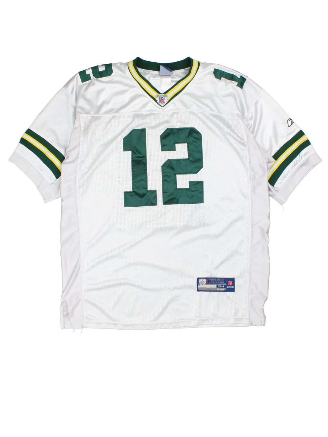 Green Bay Packers NFL Aaron Rodgers #12 Jersey in the white and green team colourway, features embroidered logos and badge on the front and Rodgers #12 on the back.
