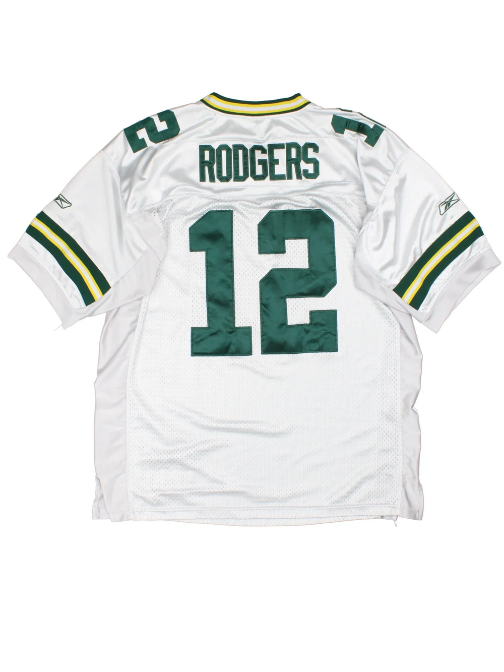 Green Bay Packers NFL Aaron Rodgers #12 Jersey in the white and green team colourway, features embroidered logos and badge on the front and Rodgers #12 on the back.