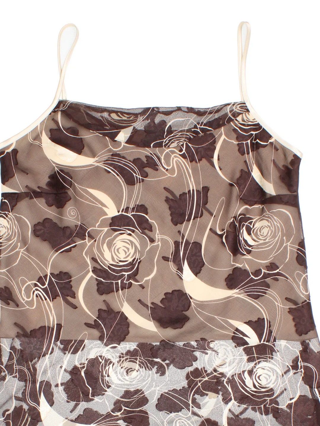 Vintage Dress in a brown colourway with floral patterns all over.