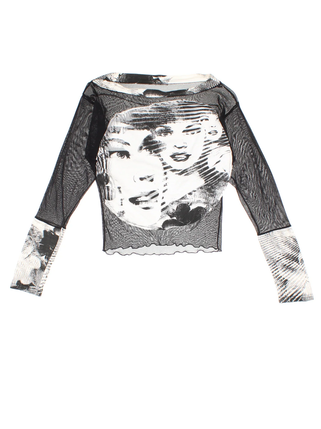 Y2K Abstract Faces Mesh Top in a black and white colourway.