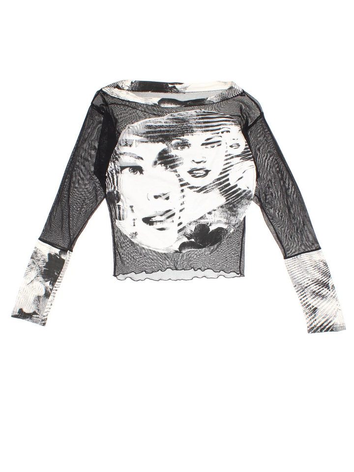 Y2K Abstract Faces Mesh Top in a black and white colourway.