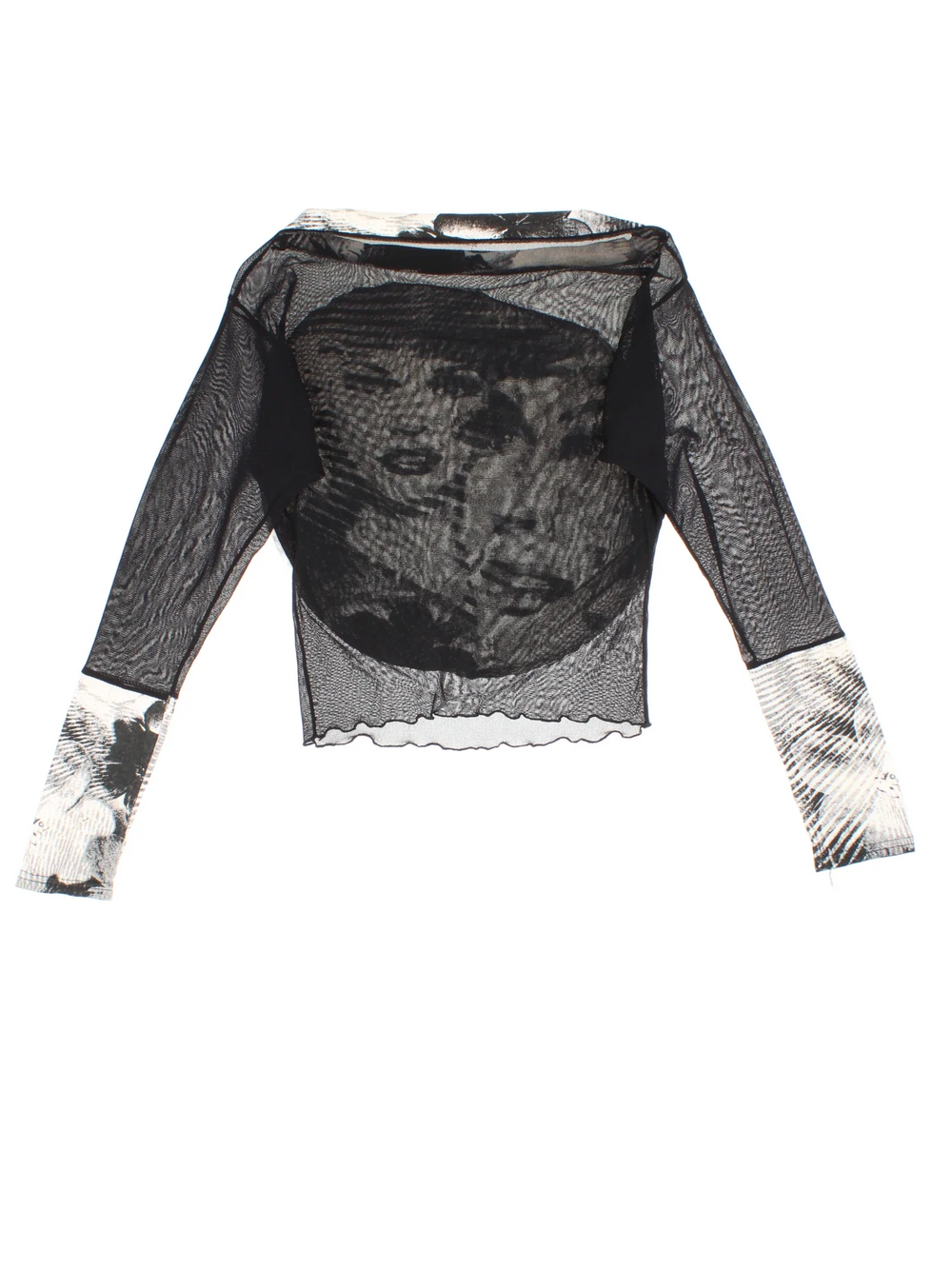 Y2K Abstract Faces Mesh Top in a black and white colourway.