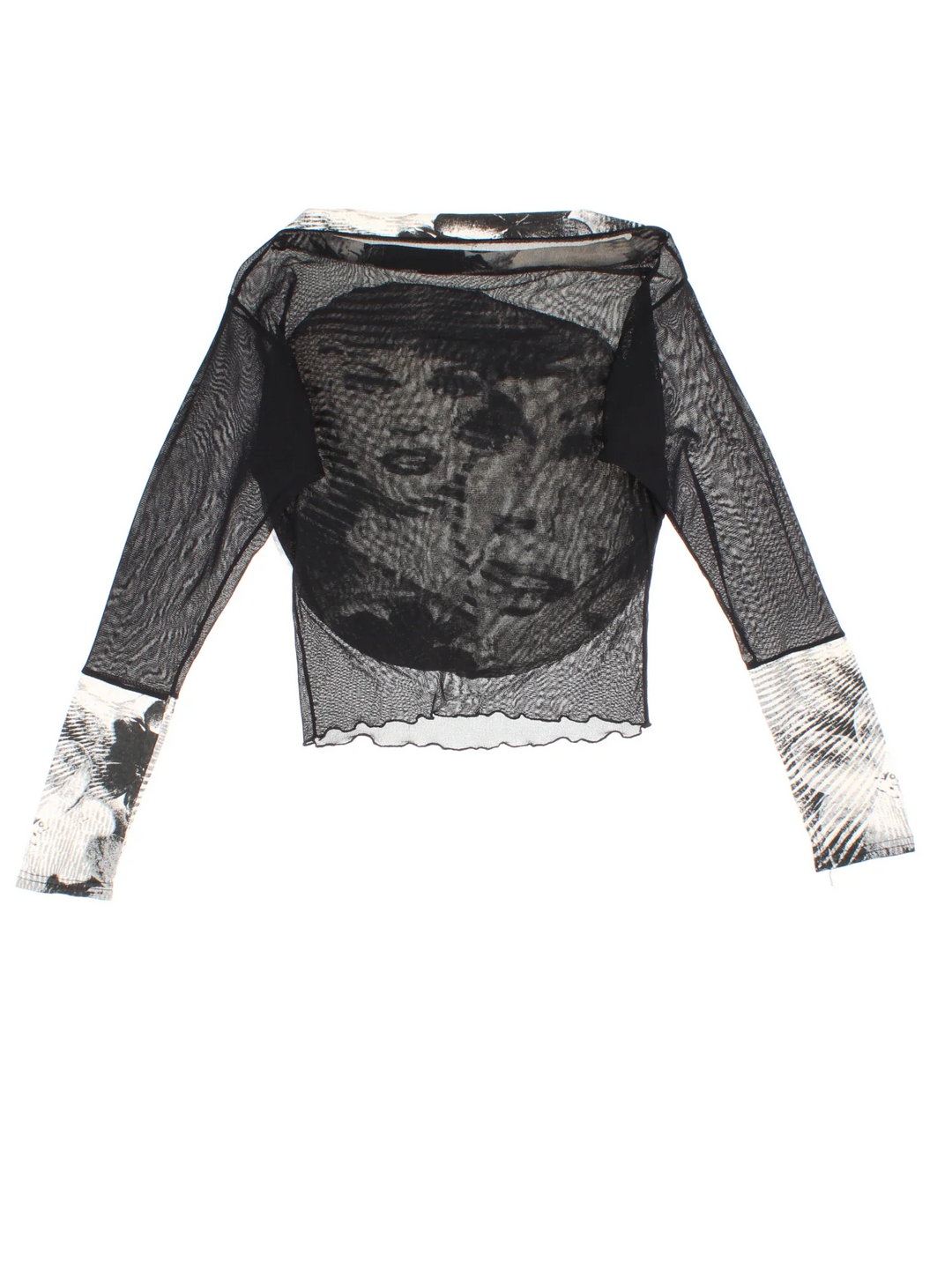 Y2K Abstract Faces Mesh Top in a black and white colourway.