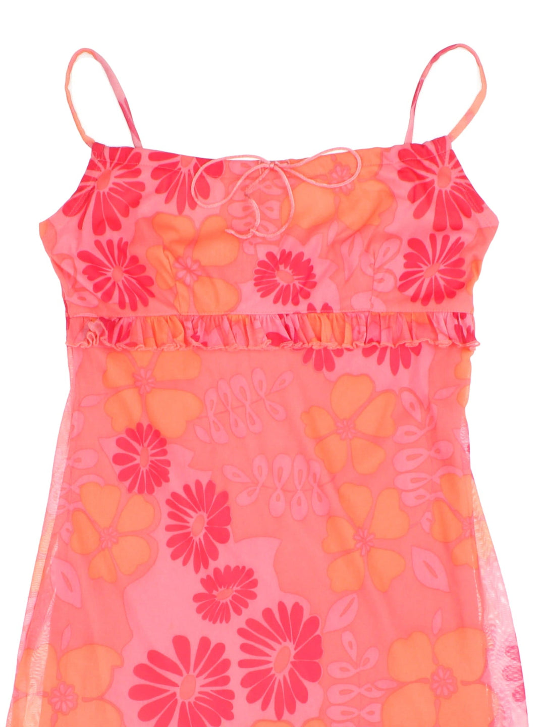Vintage Y2K Dress in a orange/pink colourway, sheer floral overlay and frill detail.
