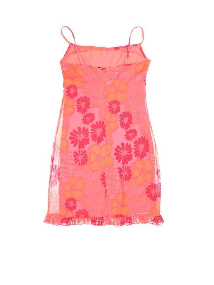 Vintage Y2K Dress in a orange/pink colourway, sheer floral overlay and frill detail.
