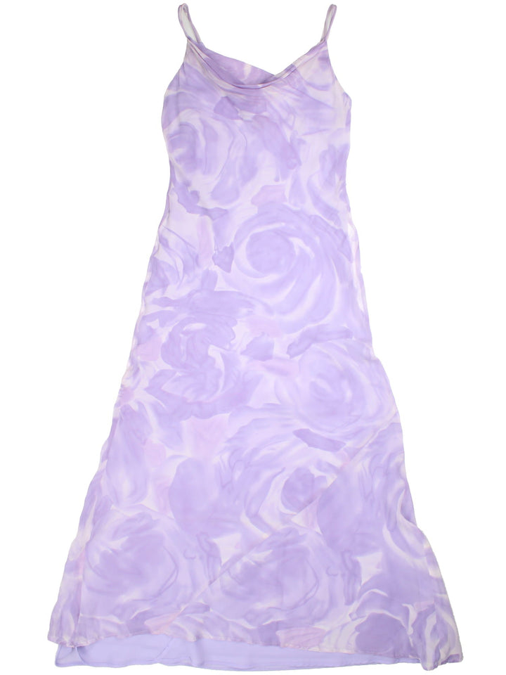 Vintage Y2K Monsoon Dress in a purple colourway. Sheer overlay and cowl neck detail.