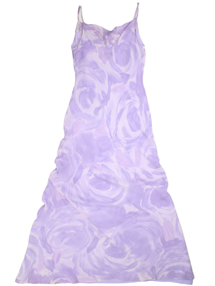 Vintage Y2K Monsoon Dress in a purple colourway. Sheer overlay and cowl neck detail.