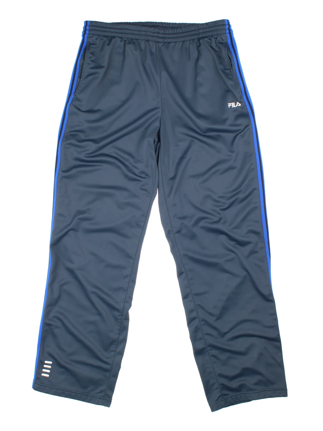 90's Fila Tracksuit Bottoms in blue colourway. Side pockets, contrast piping and the logo embroidered on the front.