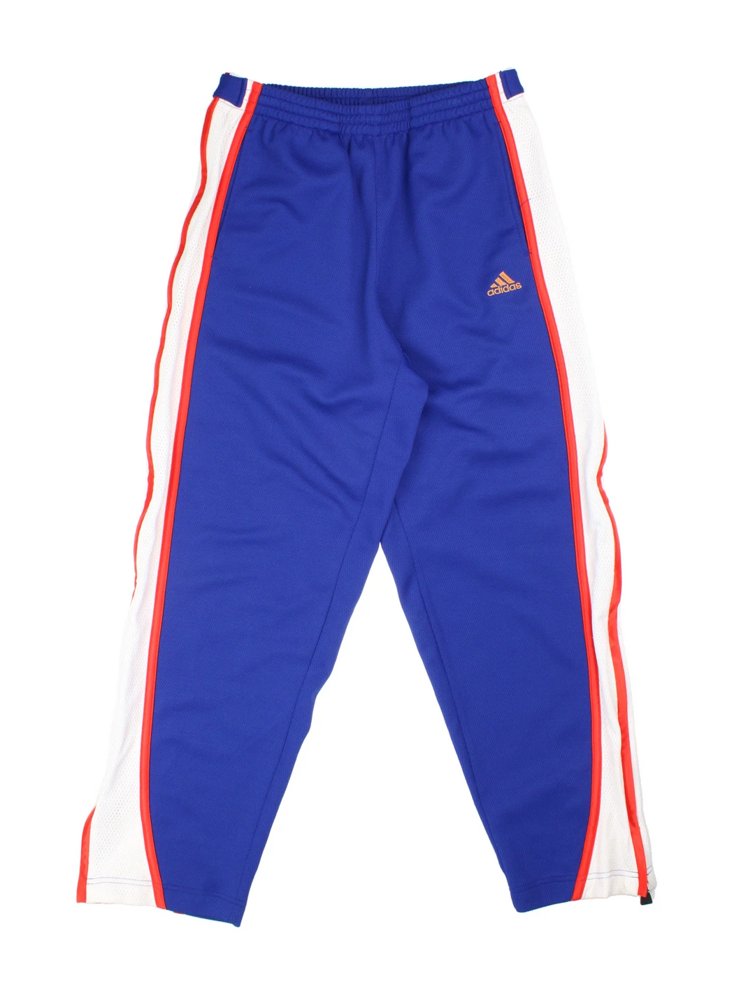 90's Adidas Mesh Tracksuit Bottoms in blue colourway with contrast side stripe detail. Full zipper up leg and the logo embroidered on the front.