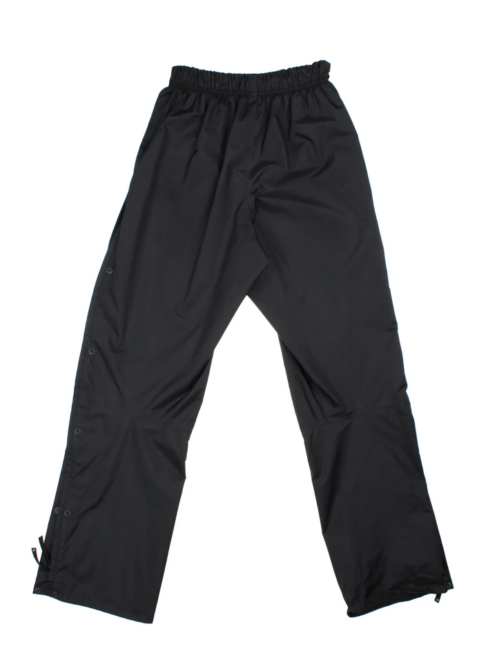 Berghaus Hydroshell Hike Trousers in a black colourway, does not have pockets, has an adjustable elasticated waist, popper button and zip down the side of the legs, and the logo printed on the front.
