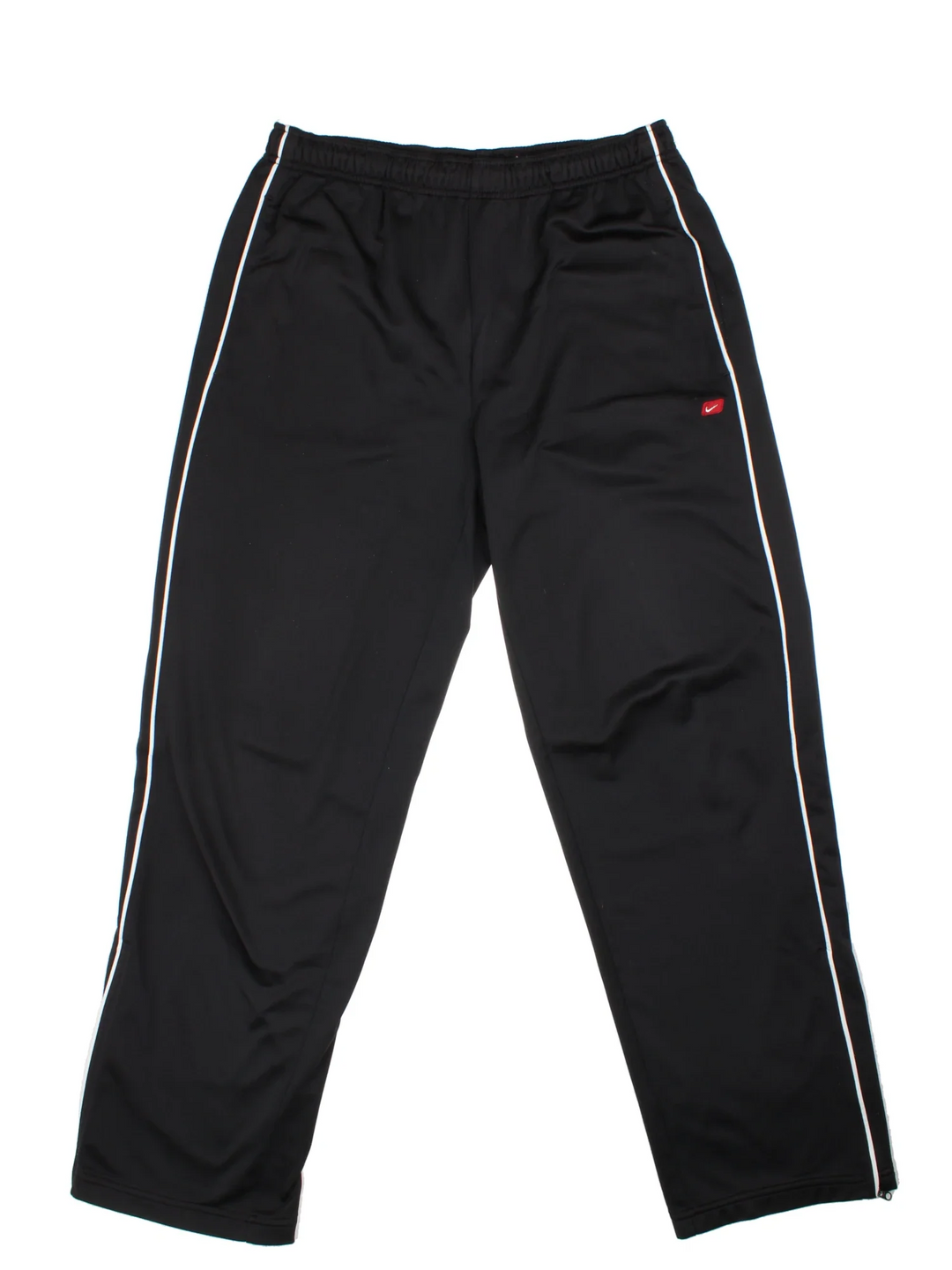 Nike Tracksuit Bottoms in a black colourway with white stripes going down the sides, has pockets and the logo embroidered on the front.