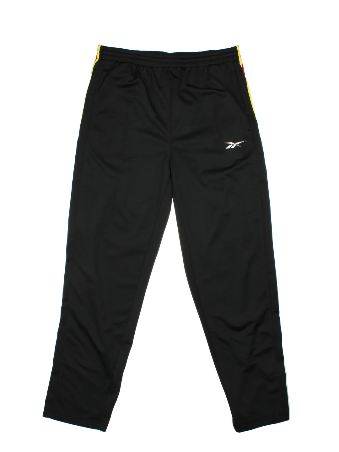 Reebok Popper Tracksuit Bottoms in a black colourway with yelow and red stripes going down the sides alongside popper button openings, has pockets, elasticated waist with drawstring, and the logo embroidered on the front.