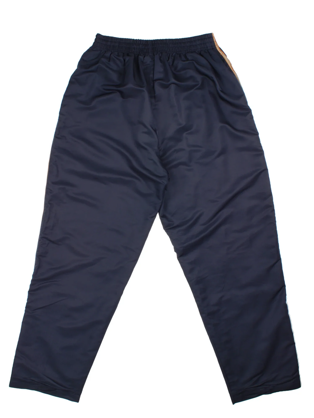 Vintage Nike Tracksuit Bottoms in a blue colourway with orange stripes going down the sides, has side pockets, elasticated waist with drawstring, and the logo embroidered on the front.