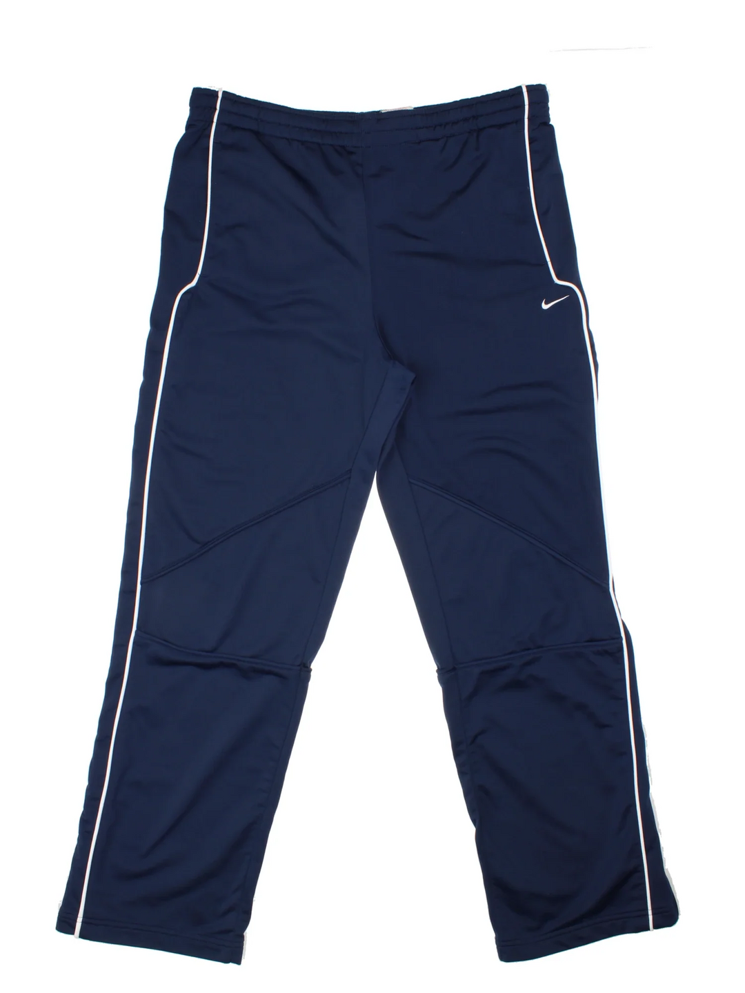 Nike Tracksuit Bottoms in a blue colourway with white stripes down the sides, pockets, elasticated waist with drawstring, and the logo embroidered on the front.