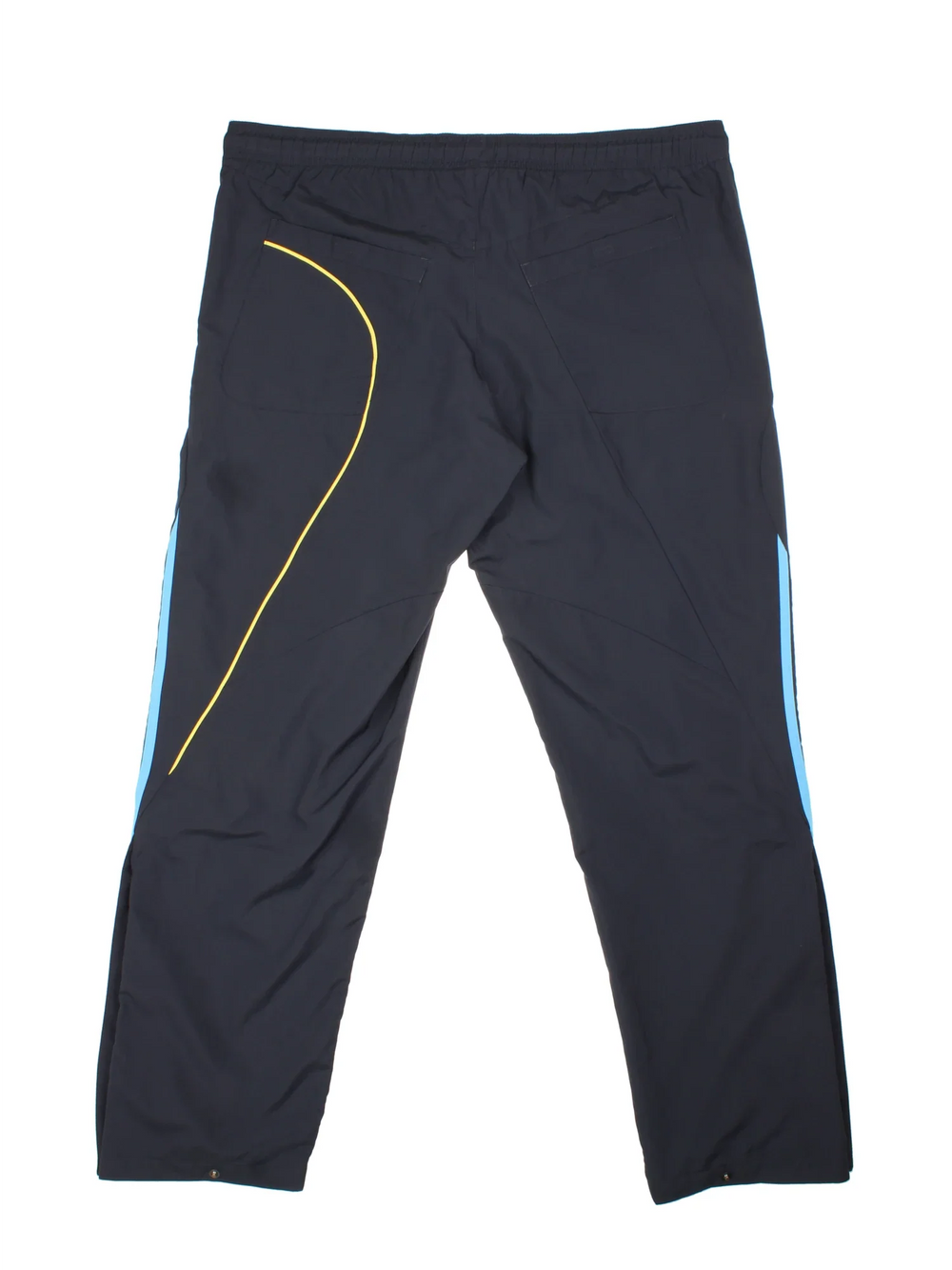 2009/10 Olympique Marseille Adidas Tracksuit Bottoms in a grey colourway with blue and yellow detailing, has pockets, elasticated waist with drawstring, mesh lining, and the logos embroidered on the front.