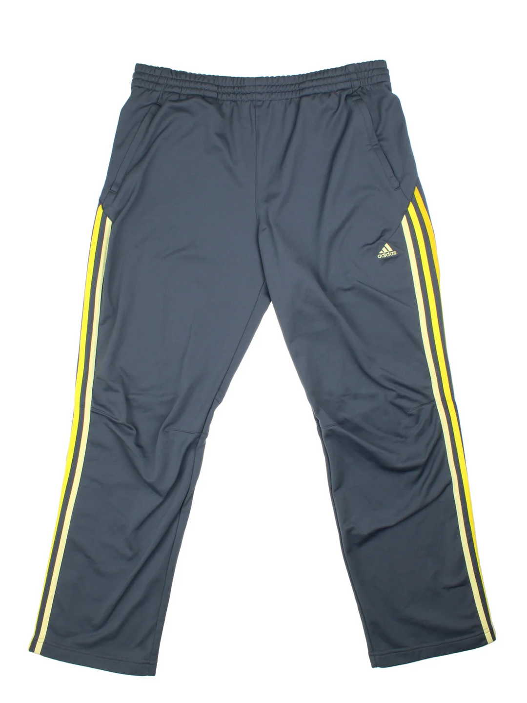 Adidas Tracksuit Bottoms in a grey colourway with the iconic three stripes in yellow going down the sides, has pockets, elasticated waist with drawstring, and the logo embroidered on the front.