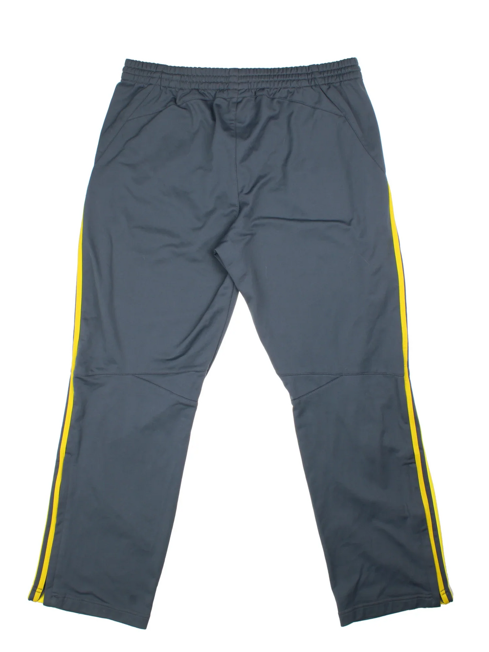 Adidas Tracksuit Bottoms in a grey colourway with the iconic three stripes in yellow going down the sides, has pockets, elasticated waist with drawstring, and the logo embroidered on the front.