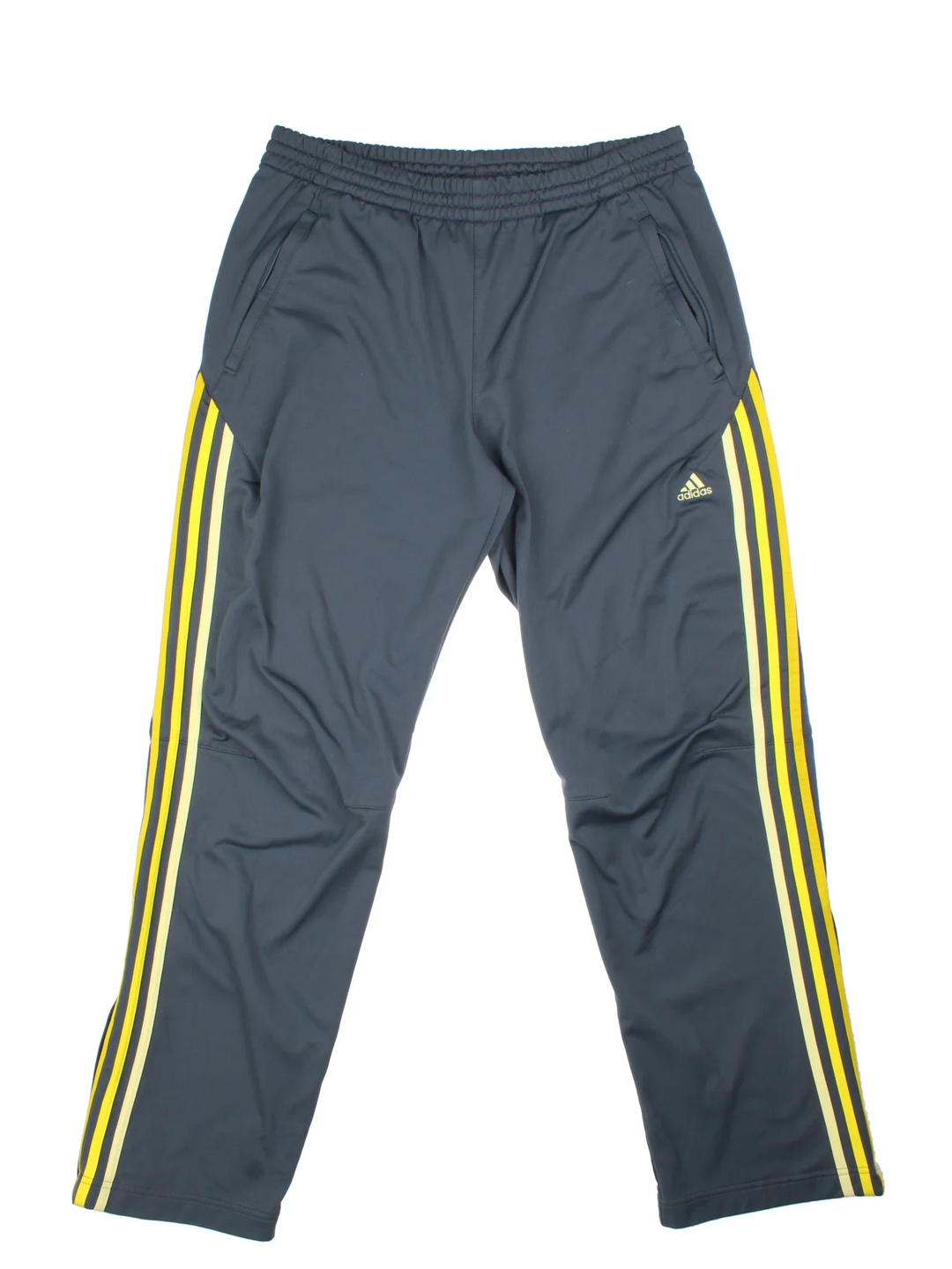 Adidas Tracksuit Bottoms in a grey colourway with iconic three stripes down the sides in yellow, has pockets, elasticated waist with drawstring, and the logo embroidered on the front.
