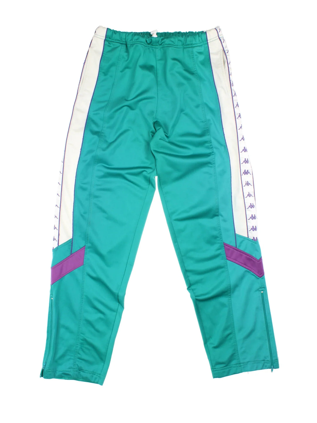 Vintage 90's Kappa Tracksuit Bottoms in a turquoise blue colourway, has pockets, elasticated waist with drawstring, and the logo embroidered on the front.