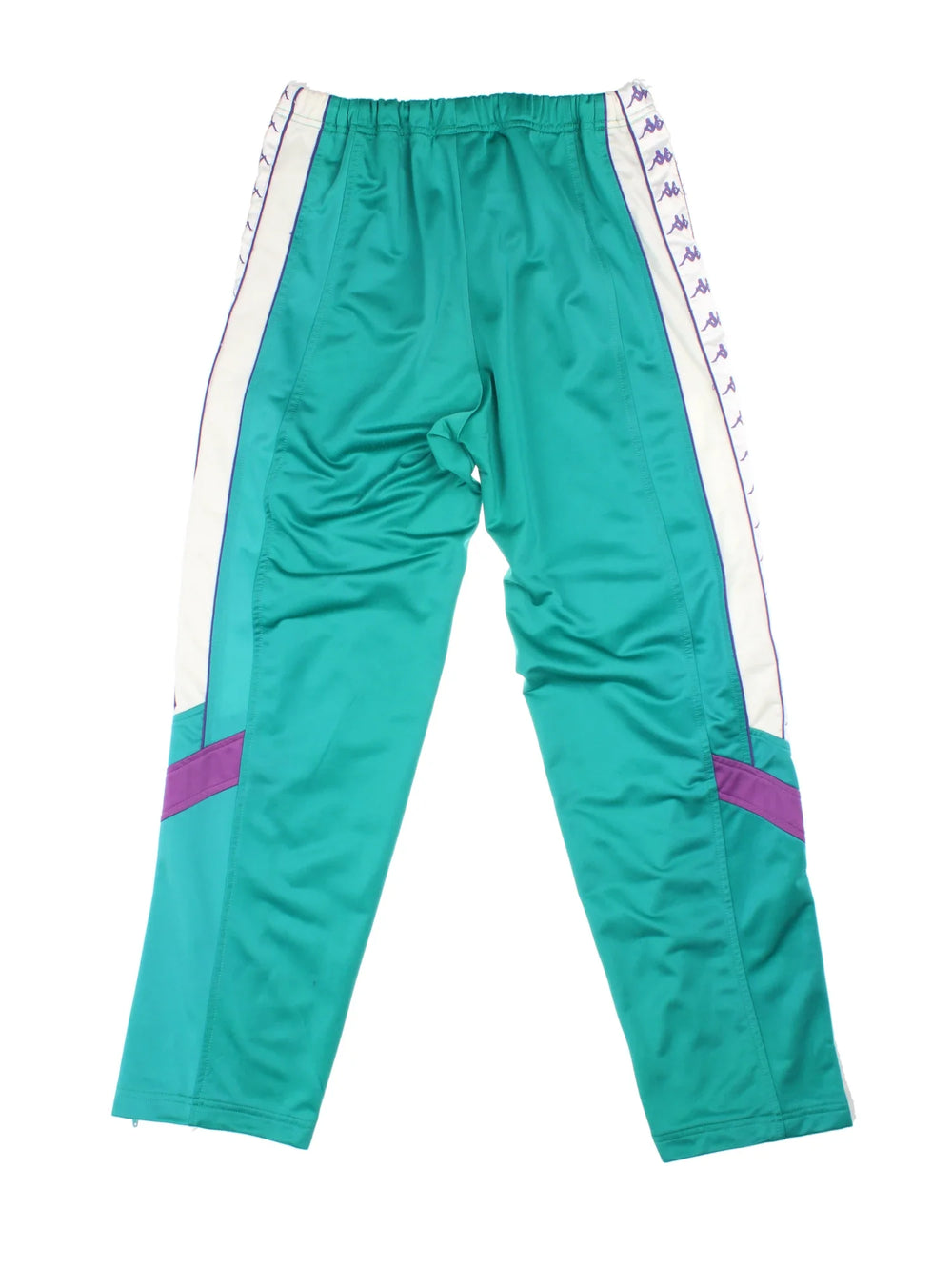 Vintage 90's Kappa Tracksuit Bottoms in a turquoise blue colourway, has pockets, elasticated waist with drawstring, and the logo embroidered on the front.
