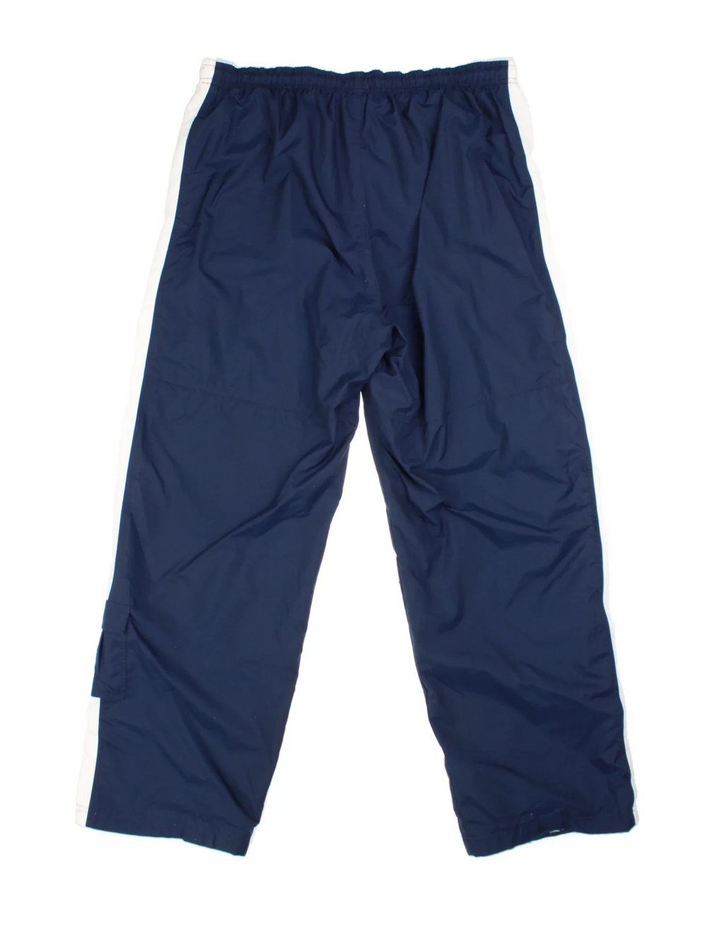 Nike Tracksuit Bottoms in blue colourway with white stripes down the legs, has pockets, elasticated waist with drawstring, cotton blend lining, and the logo embroidered on the front.