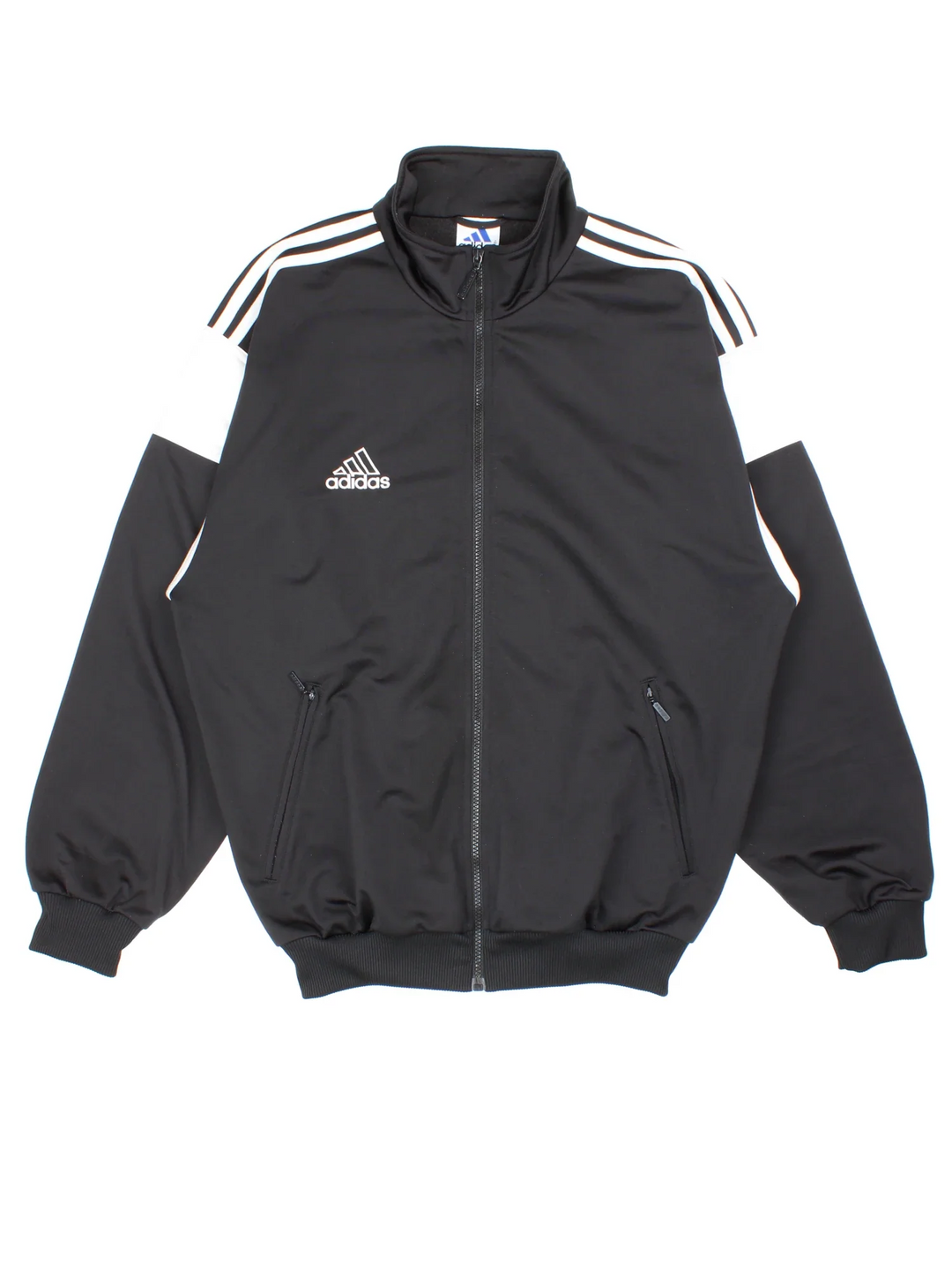 Vintage Adidas Track Top in a black/white colourway. Zips up and has side pockets, famous x3 stripes and trefoil embroidered branding on front.