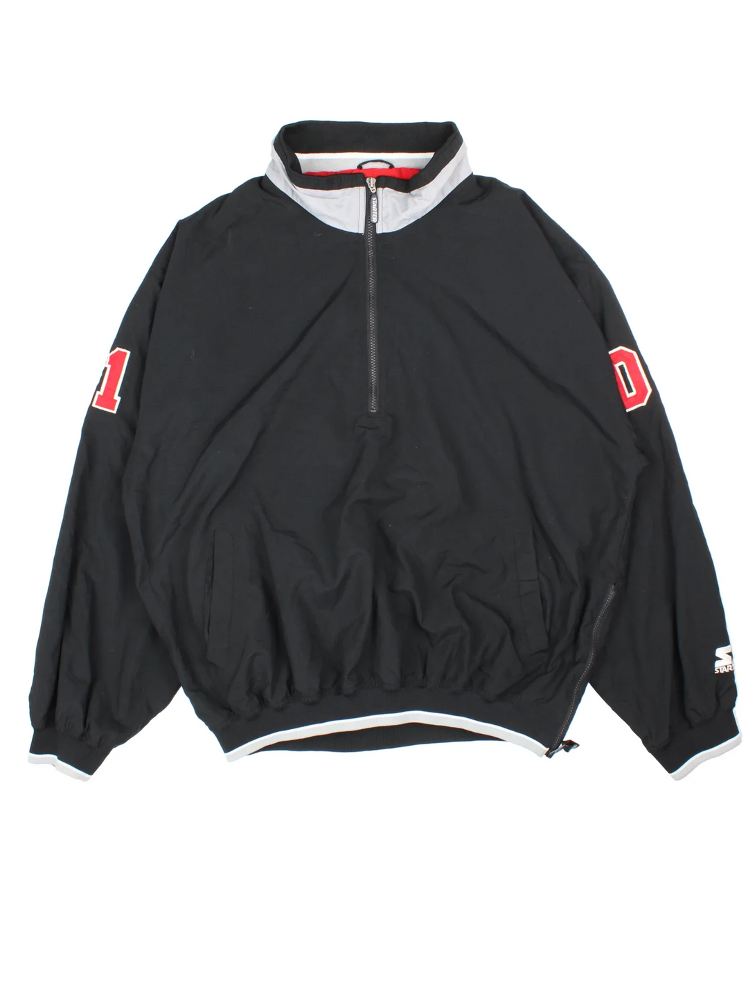 Starter Warriors Football 1/4 Zip Windbreaker in a black colourway. 1/4 zip fastening with side pockets and branding embroidered on back and sleeves.
