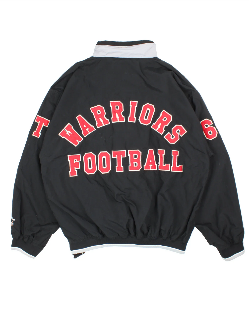 Starter Warriors Football 1/4 Zip Windbreaker in a black colourway. 1/4 zip fastening with side pockets and branding embroidered on back and sleeves.