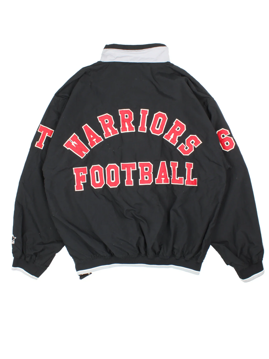 Starter Warriors Football 1/4 Zip Windbreaker in a black colourway. 1/4 zip fastening with side pockets and branding embroidered on back and sleeves.