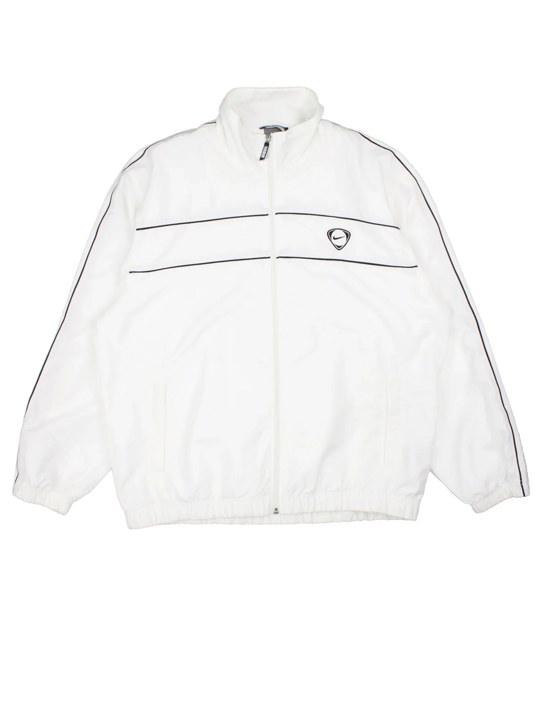 Nike Tracksuit Top in a white colourway. Zip fastening with side pockets, contrast piping and branding embroidered on front.