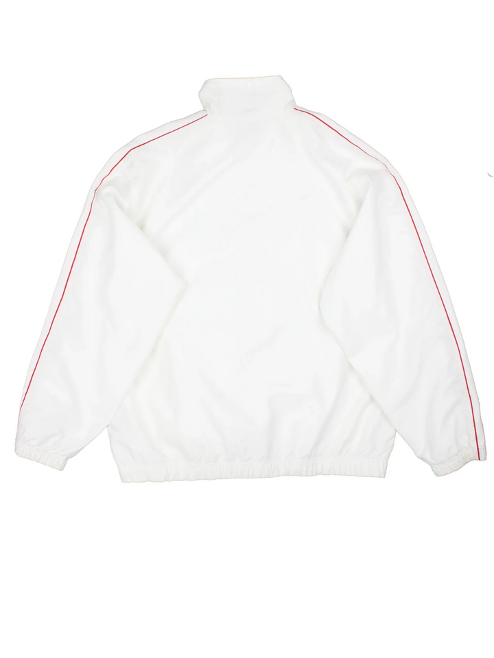 Nike Tracksuit Top in a white colourway. Zip fastening with side pockets, contrast piping and branding embroidered on front.