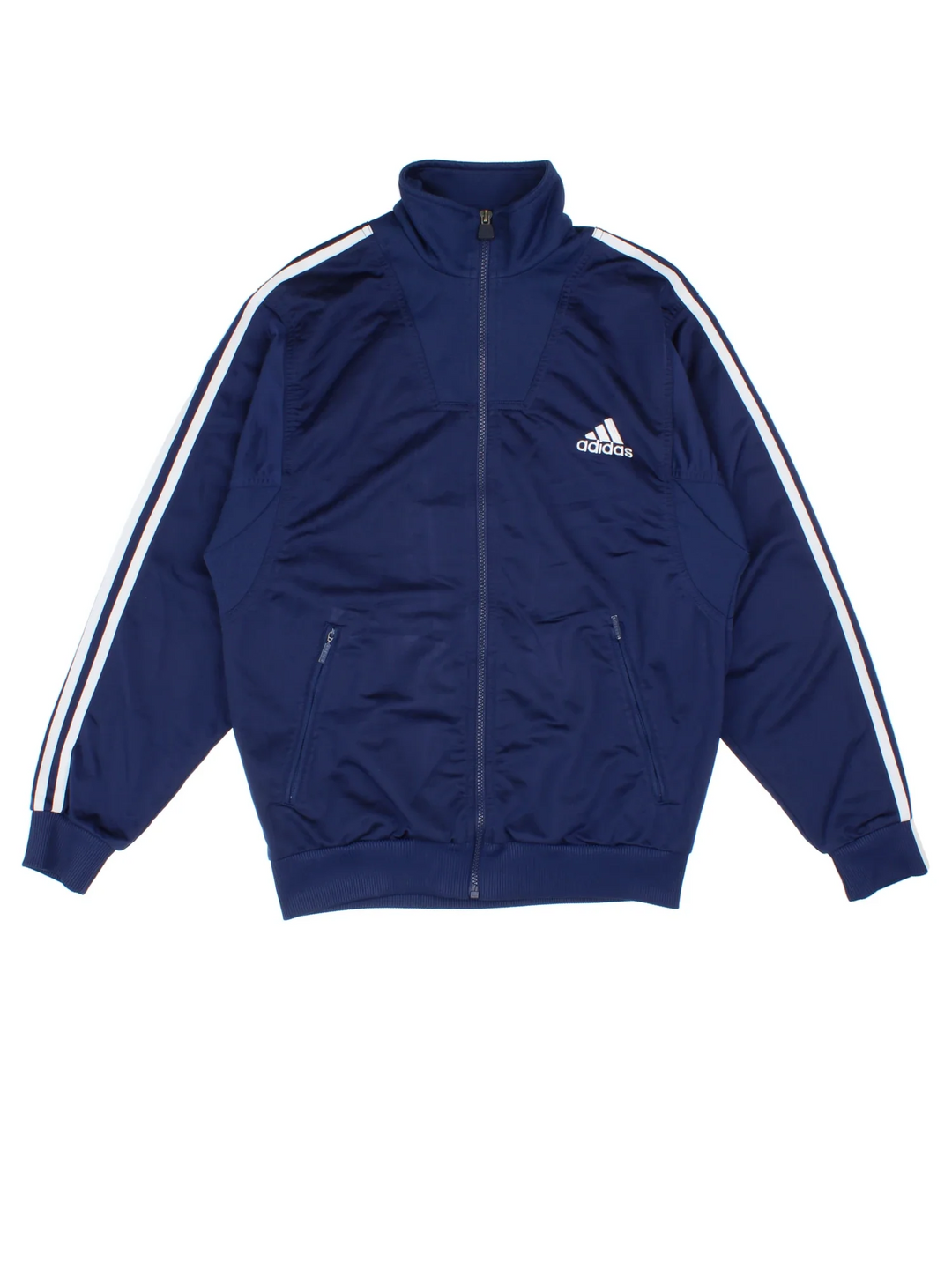 Vintage Adidas Tracksuit Top in a blue colourway. Zip up fastening, side pockets, famous x3 stripe branding and has the logo embroidered on the front.