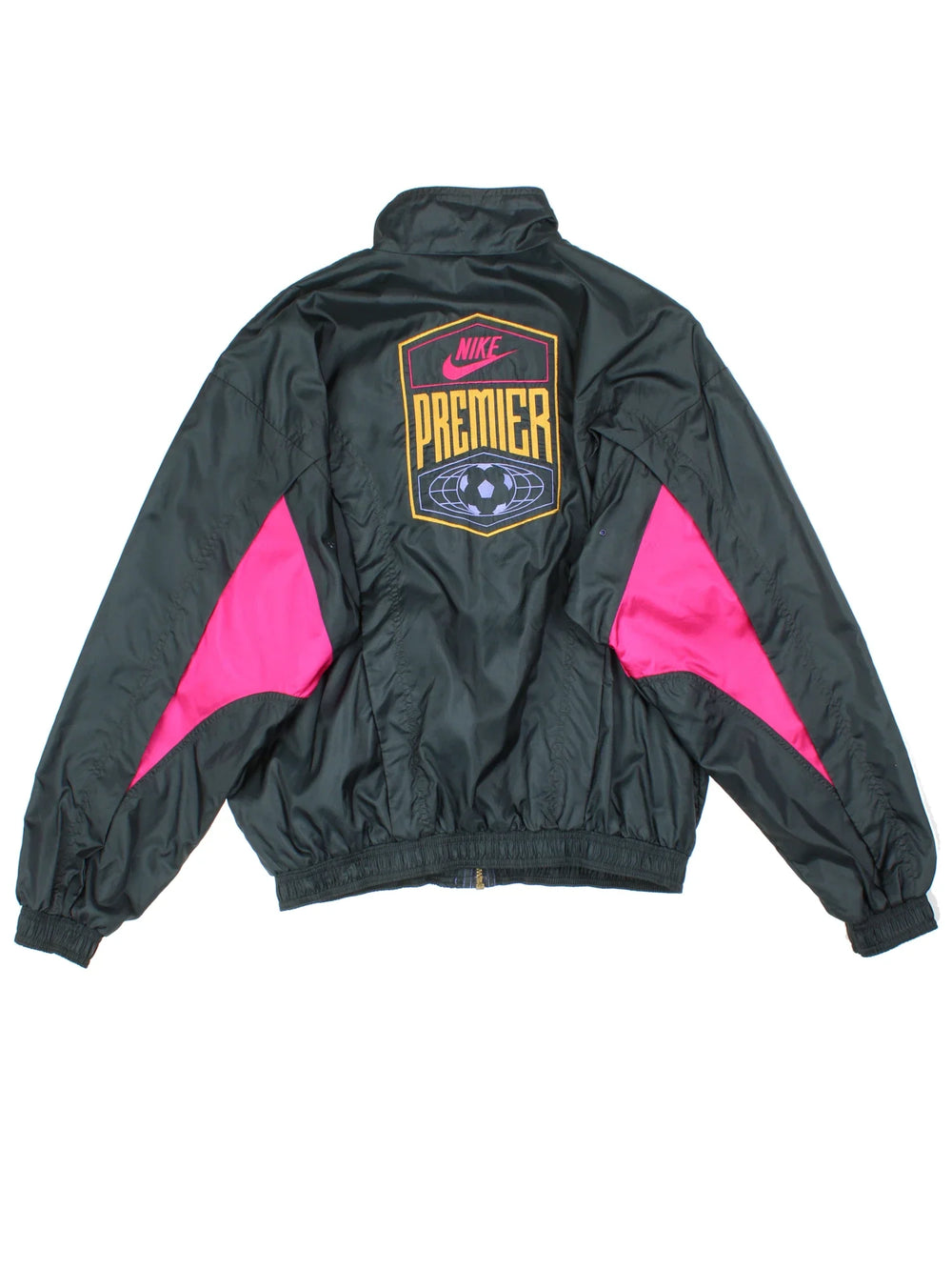 90's Nike Premier Tracksuit Jacket in a black/pink colourway. Zip up fastening, side pockets, jersey lining and has the logo embroidered on the front/back.