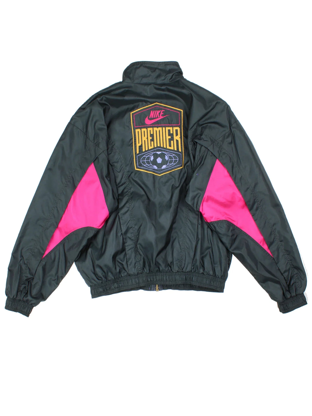 90's Nike Premier Tracksuit Jacket in a black/pink colourway. Zip up fastening, side pockets, jersey lining and has the logo embroidered on the front/back.