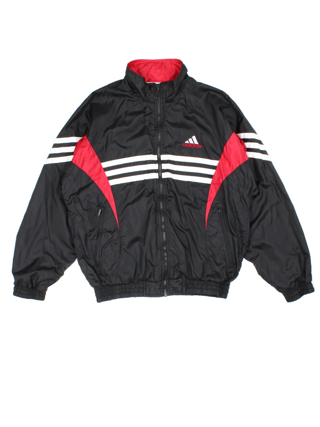 Vintage Adidas Tracksuit Top in a black colourway. Zip up fastening, side pockets, famous x3 stripe branding and has the logo embroidered on the front.
