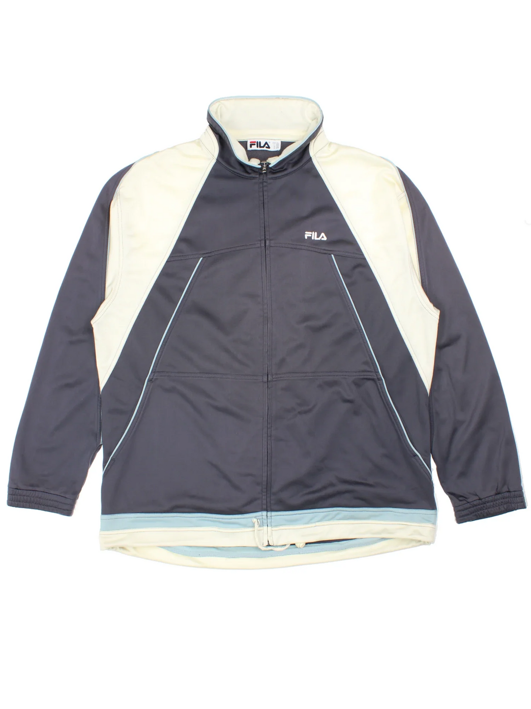 90's Fila Tracksuit Top in a grey/cream colourway. Zip up fastening, side pockets, brushed lining and has the logo embroidered on the front.