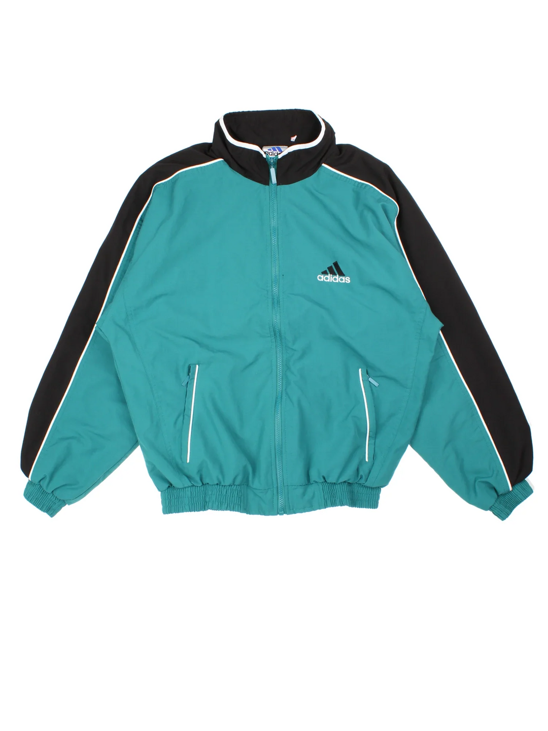 Vintage Adidas Tracksuit Jacket in a blue and black colourway. Zip up closure and has side pockets, and the logo embroidered on the front.