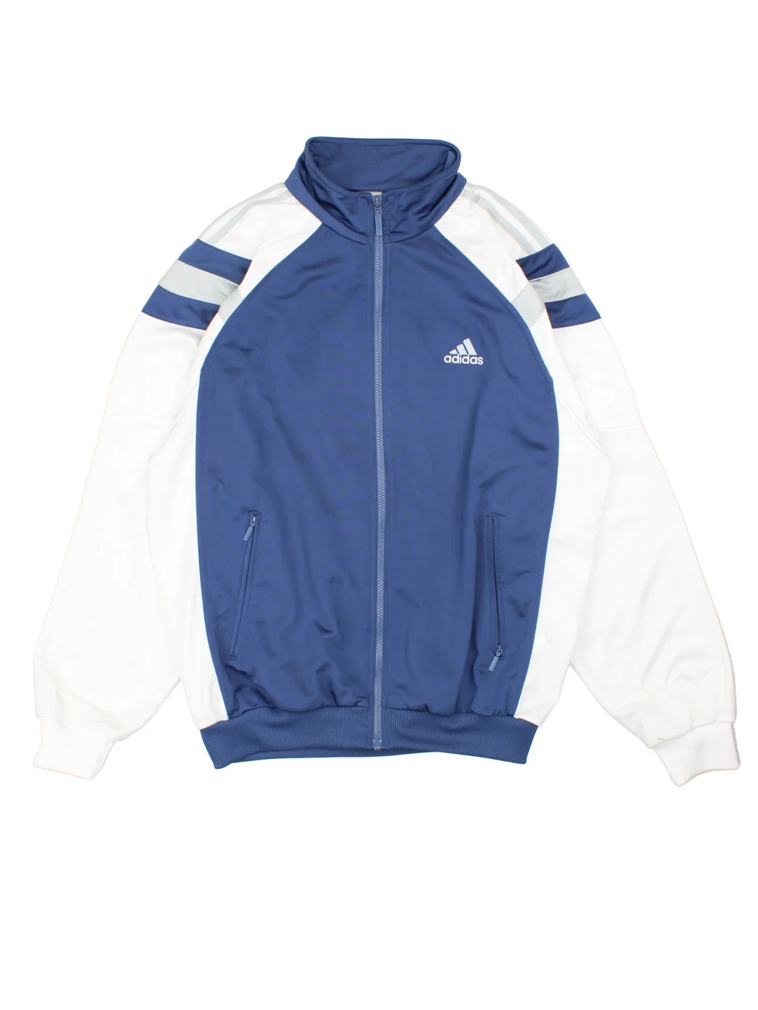 Vintage Adidas Tracksuit Jacket in a blue and white colourway. Zip up closure and has side pockets, and the logo embroidered on the front and back.