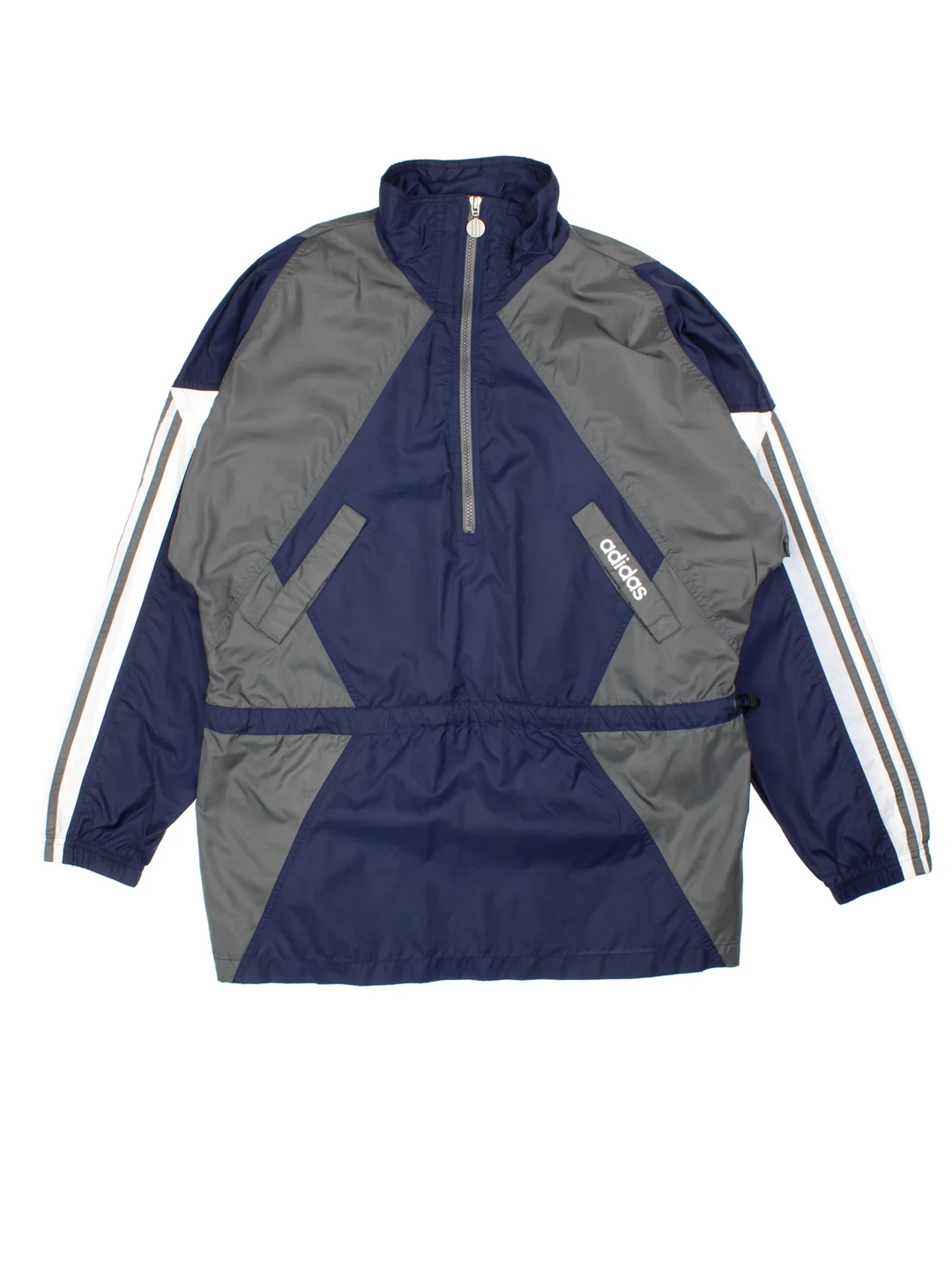 Vintage Adidas Windbreaker in a blue colourway. Half zip up closure and has side pockets with the logo embroidered on the front.