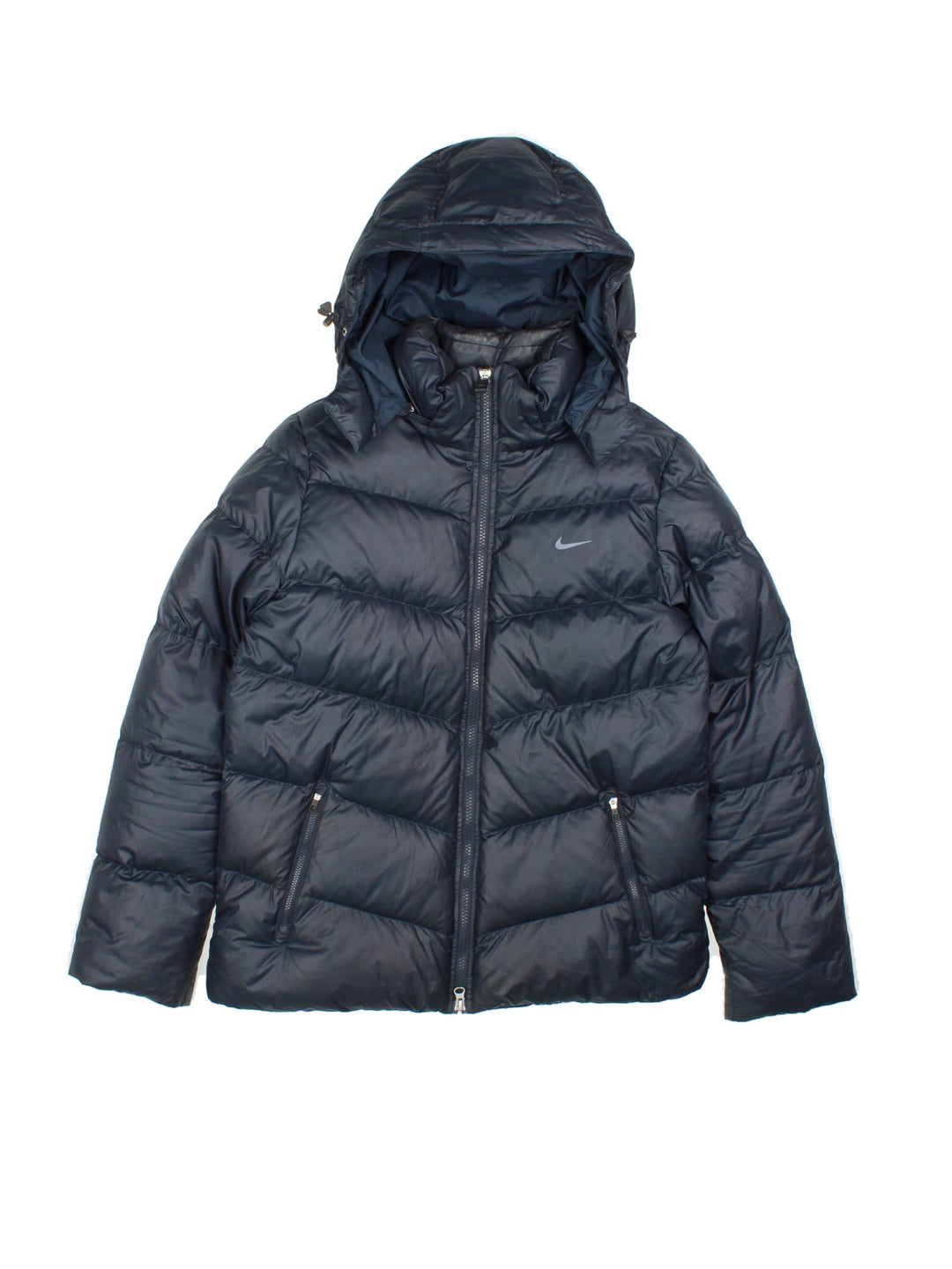 Vintage Nike Down Fill Puffer Jacket in a black colourway. Zip up fastening with side zip side pockets, down filling and swoosh branding on front.