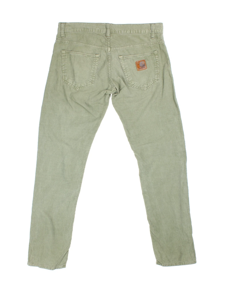 Carhartt Corduroy Trousers in green colourway with multiple pockets and the logo embroidered on the back.