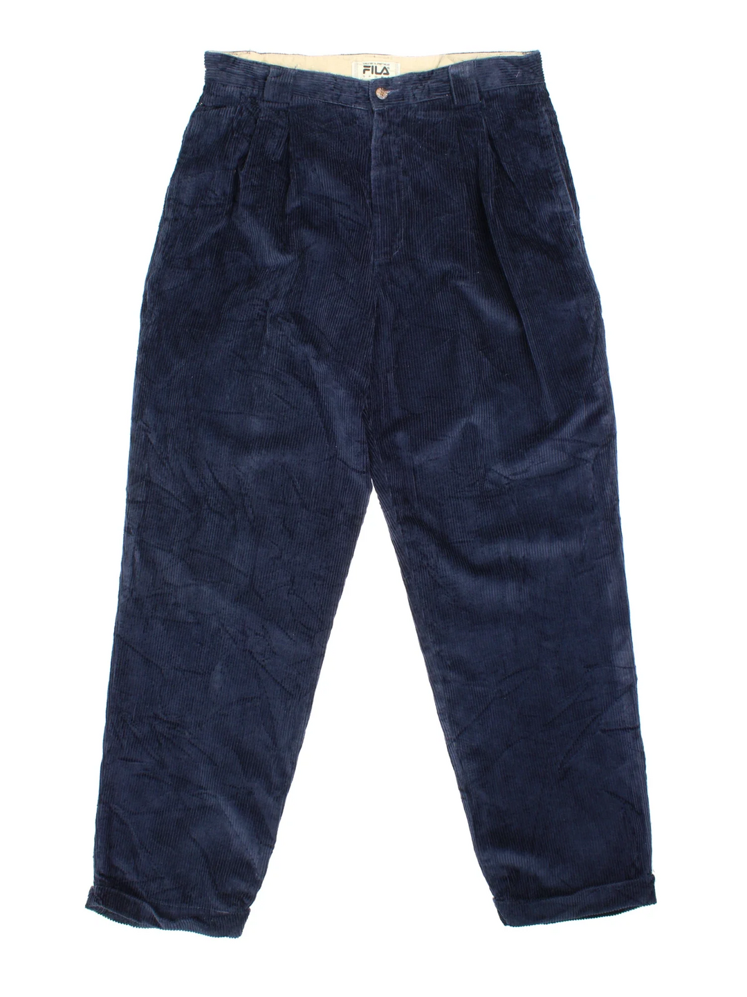 Vintage Fila Corduroy Trousers in blue colourway with multiple pockets and branded buttons.