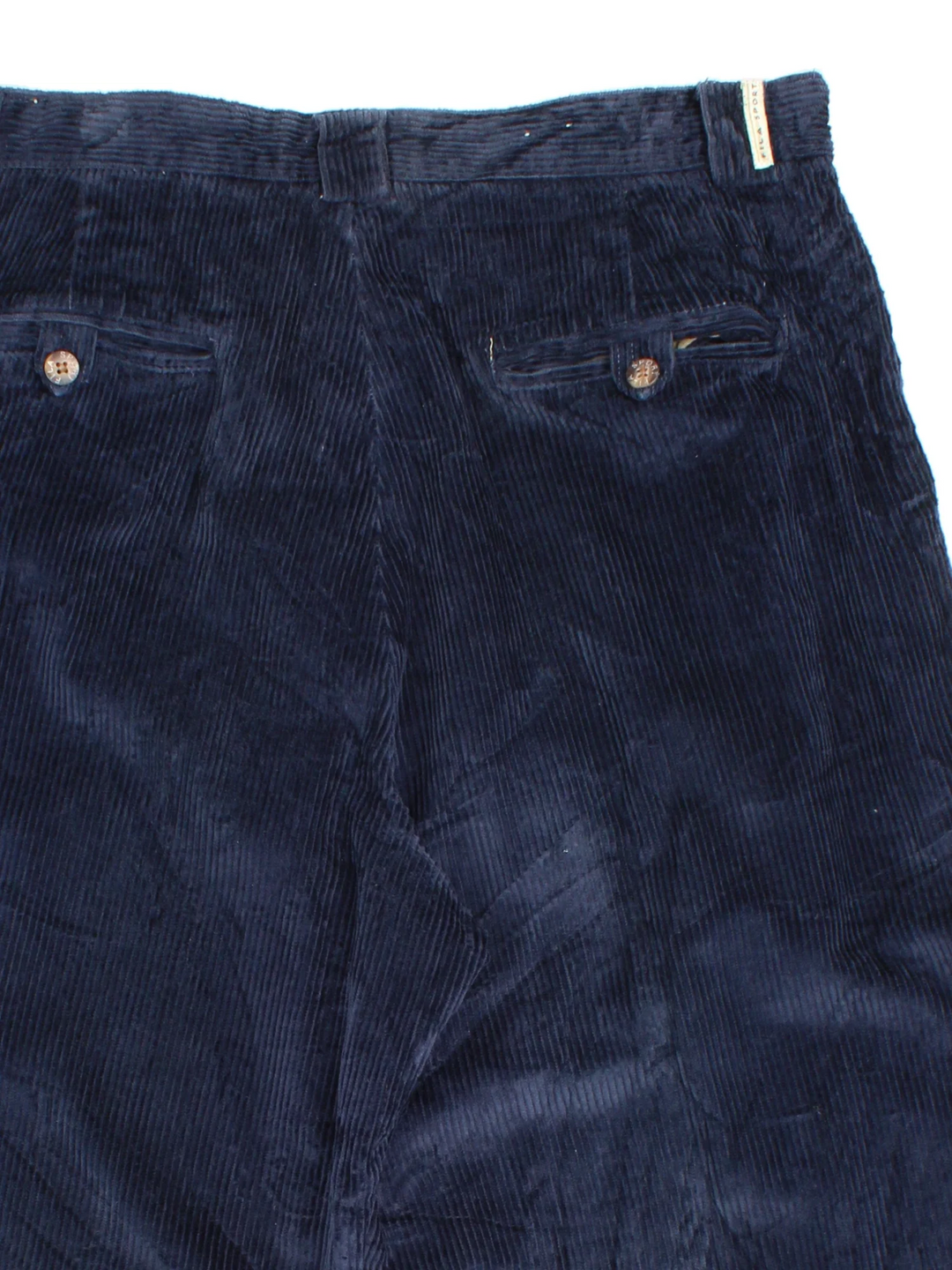 Vintage Fila Corduroy Trousers in blue colourway with multiple pockets and branded buttons.