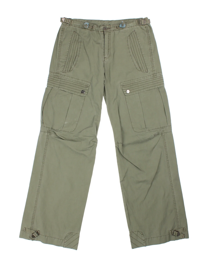 Y2K Bench Cargo Trousers in green colourway with multiple pockets and drawstring hems. 