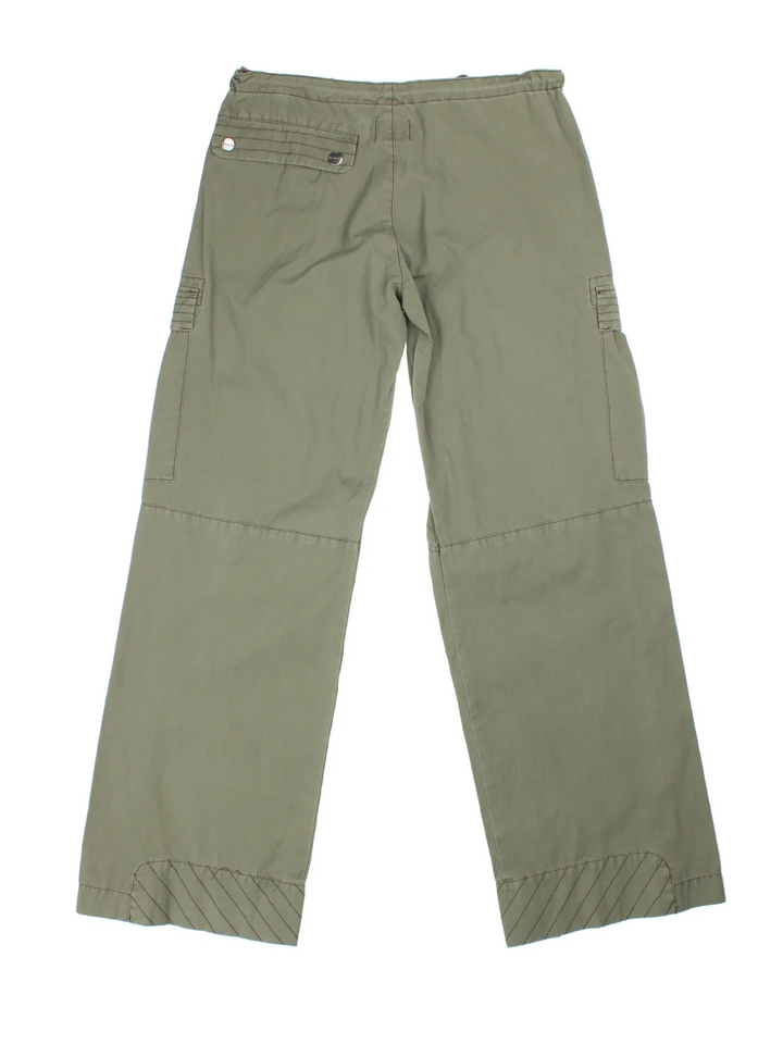 Y2K Bench Cargo Trousers in green colourway with multiple pockets and drawstring hems. 