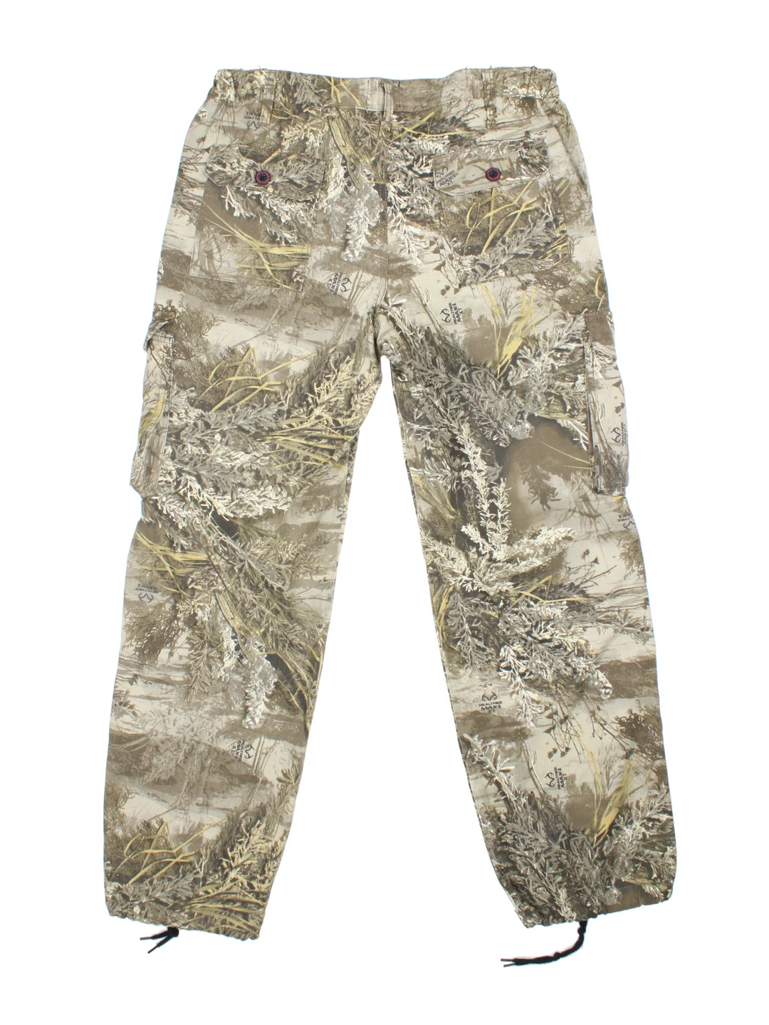 Real Tree Camo Cargo Trousers in a green and brown colourway with multiple pockets, and the logo printed on the front.
